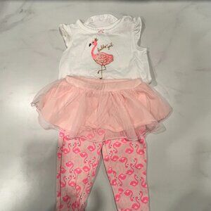 Carter's 2 Piece Tutu Pants & Top Baby Girls 6M White Pink Flamingo Cap Sleeve